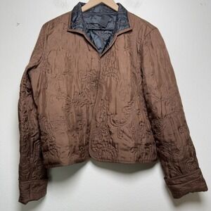 Due Per Due Women 100% SILK Chore Jacket L Brown Reversible Quilted‎ Embroidered